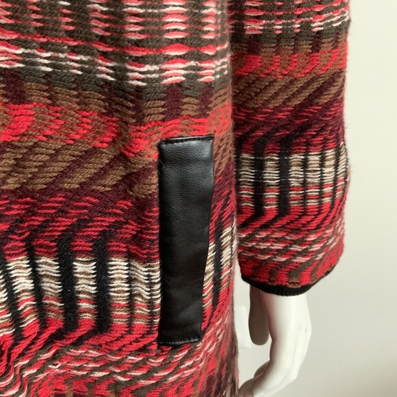 Rafaella Duster Cardigan Long Sleeve Faux Leather Trim Red Multicolor LP - Picture 5 of 9